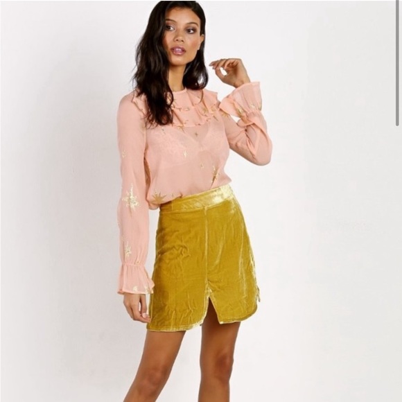 For Love & Lemons Gilded Star Ruffled Sheer Silk Blouse Rose Gold/Pink sz Xsmall - Picture 2 of 14